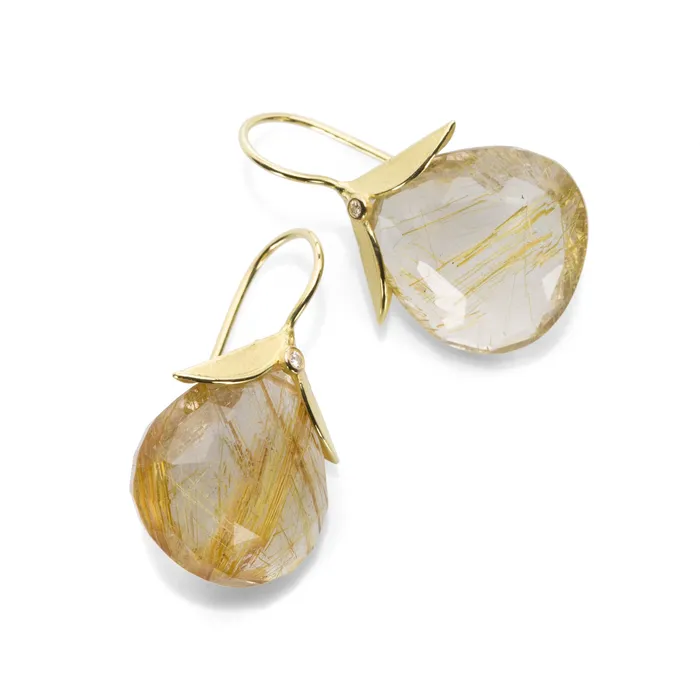 Barbara Heinrich Earrings Golden Rutilated Quartz Earrings with Leaf Caps