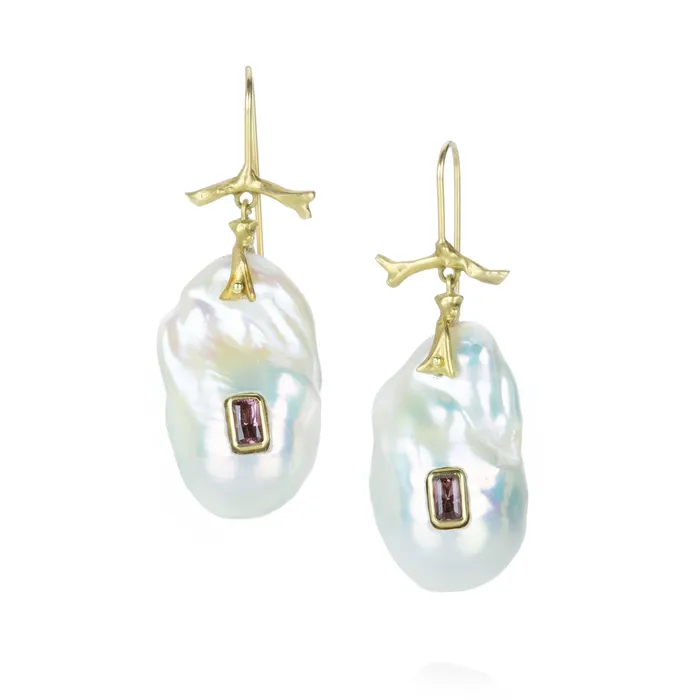 Baroque Pearl and Garnet Branch Earrings Annette Ferdinandsen Earrings