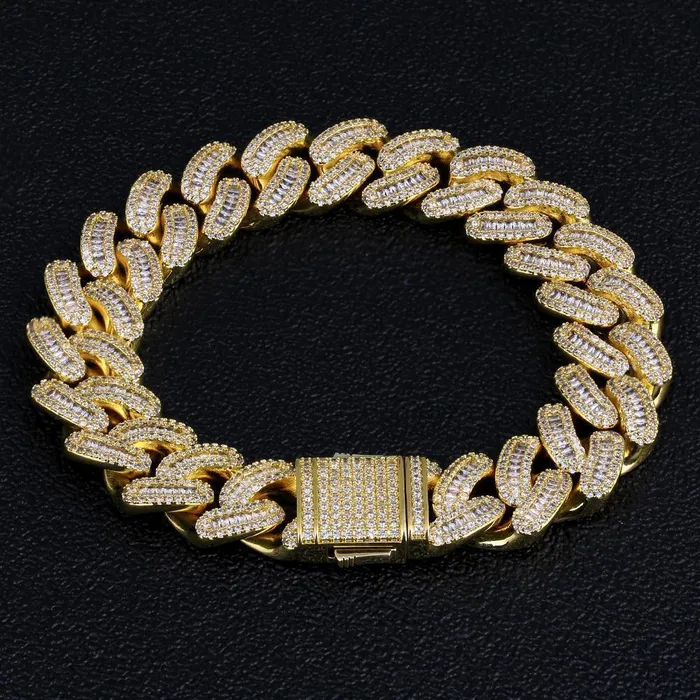 Bling Proud Bracelets 16mm Iced Out Baguette Cut Mens Cuban Link Bracelet in 14K Gold