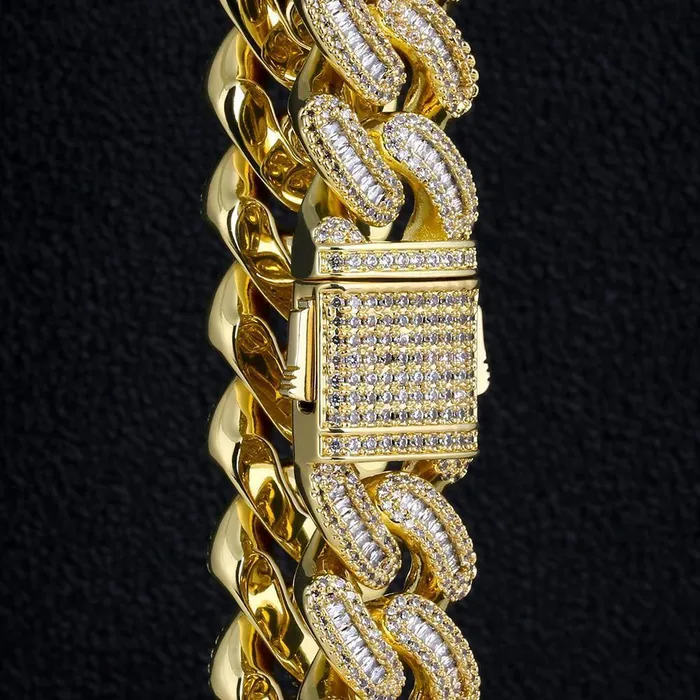 Bling Proud Bracelets | 16mm Iced Out Baguette Cut Mens Cuban Link Bracelet in 14K Gold