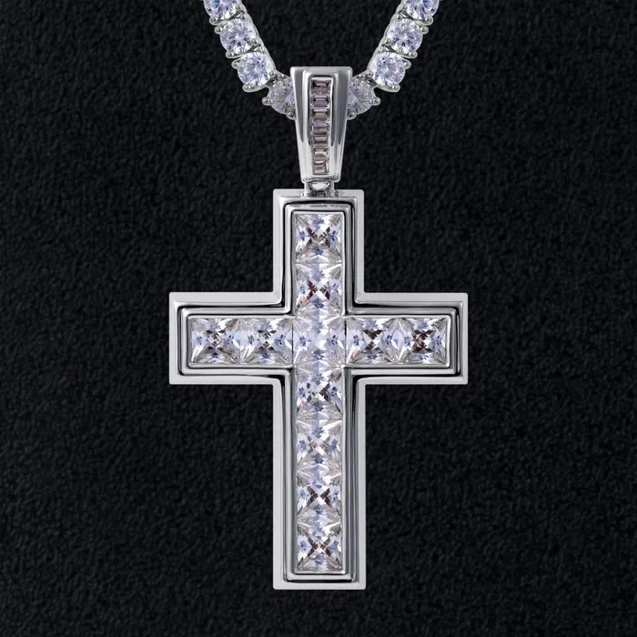 Bling Proud Necklaces Princess Cut Cross Pendant White Gold Plated