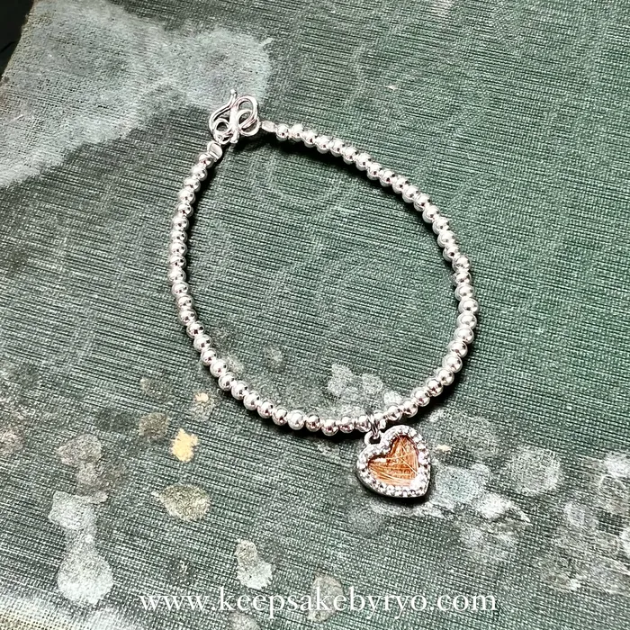 Bracelets Keepsake by Ryo 925 SILVER BEADS BRACELET: 10MM HEART CUBIC ZIRCONIA INCLUSION PENDANT