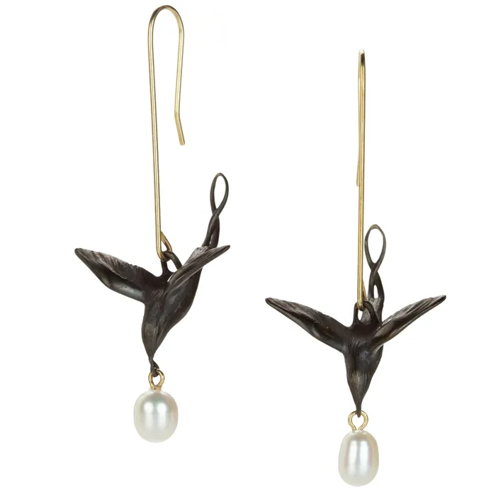 Bronze Flying Bird Earrings with White Pearls Gabriella Kiss Earrings