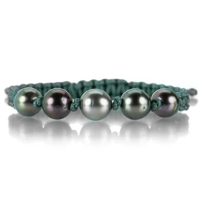 Dark Green Macrame Bracelet with 5 Tahitian Pearls Gellner Bracelets