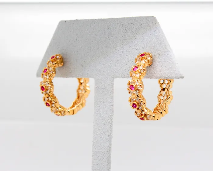 Earrings | FULLER'S PURCHASE FROM PUBLIC Estate 14KY .20 Cttw Ruby and .50 Cttw Diamond Hoop Earrings H in Colo