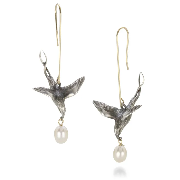 Earrings Gabriella Kiss Silver Flying Bird Earrings with Pearls