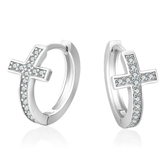 Earrings KRKC S925 Silver Iced Diamond Cross Hoop Earrings in White Gold - 15mm