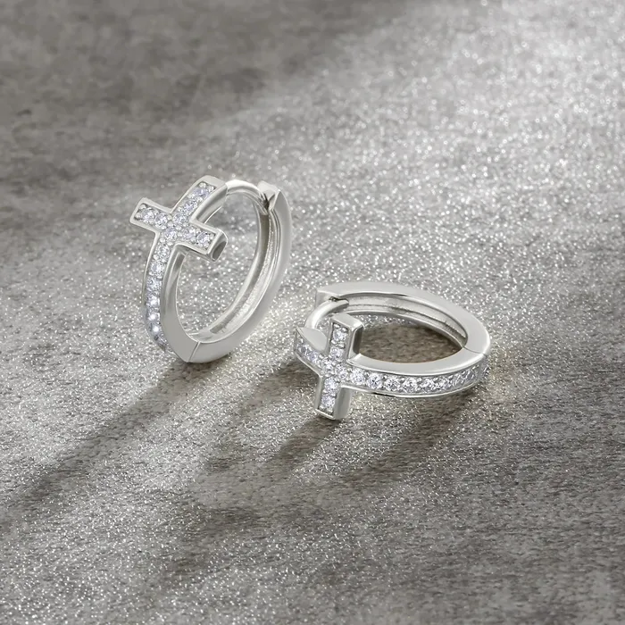 Earrings | KRKC S925 Silver Iced Diamond Cross Hoop Earrings in White Gold - 15mm