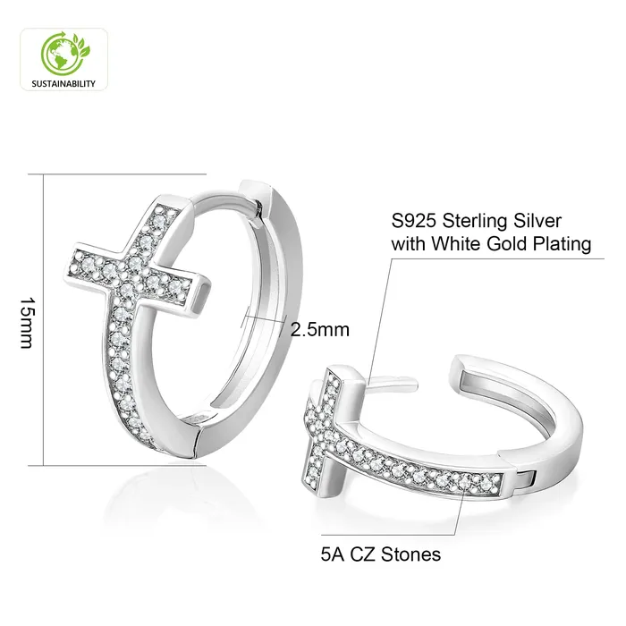 Earrings | KRKC S925 Silver Iced Diamond Cross Hoop Earrings in White Gold - 15mm