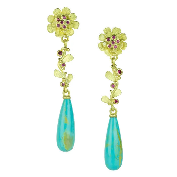 Earrings Lene Vibe Carved Flower Earrings with Turquoise Drops