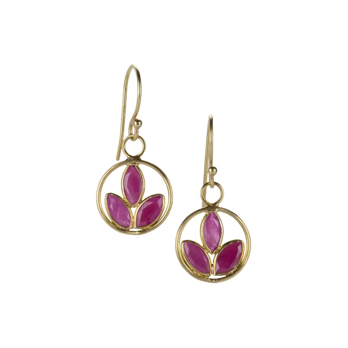 Earrings Margaret Solow Triple Ruby Leaf Drop Earrings