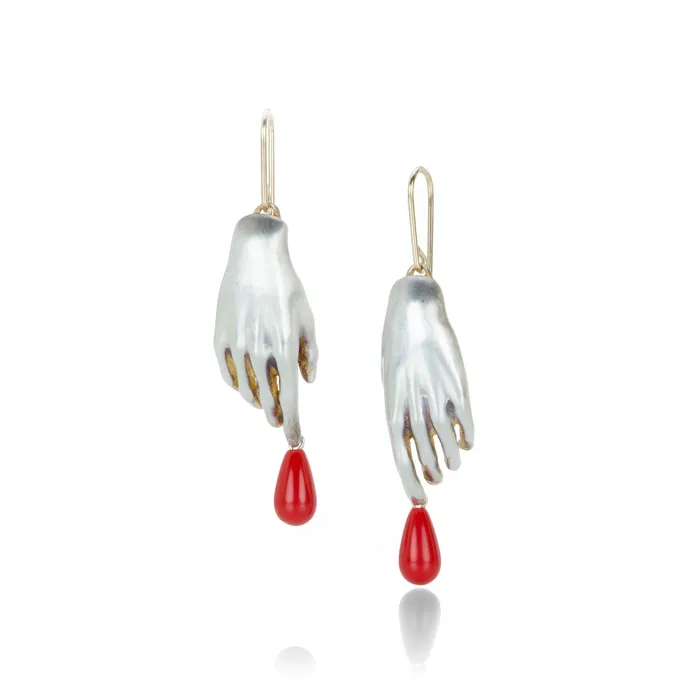 Earrings Sterling Silver Hand Earrings with Red Drops - Gabriella Kiss