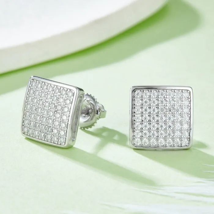 Earrings | WuZouLiShiDa S925 Moissanite Diamond Square Stud Earrings in White Gold - 10mm