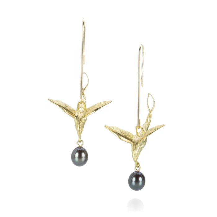 Gabriella Kiss Earrings 18k Flying Bird Earrings with Black Pearl Drops