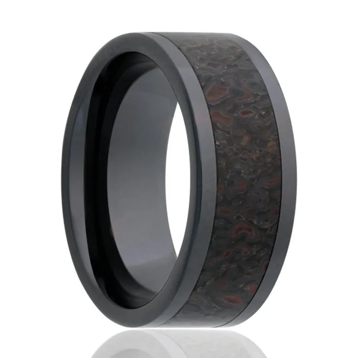 HEAVY STONE RINGS Rings 8mm Black Ceramic pipe cut grey dino bone inlay ring