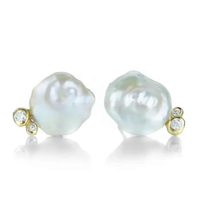 Japanese Keshi Pearl Petal Studs with Diamond Drop Kimberlin Brown Earrings