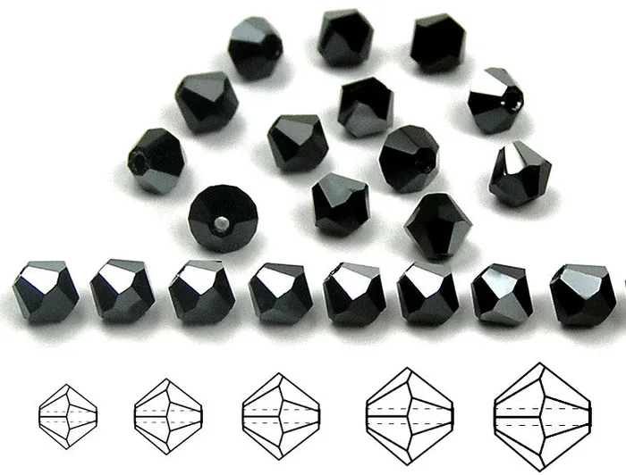 Jet Silver Shade Czech Glass Beads Machine Cut Bicones (MC Rondell Diamond Shape) jet black crystals half coated with silvery metallic PAS Jablonec Rings