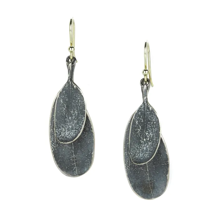 John Iversen Earrings Oxidized Sterling Silver Double Leaf Earrings