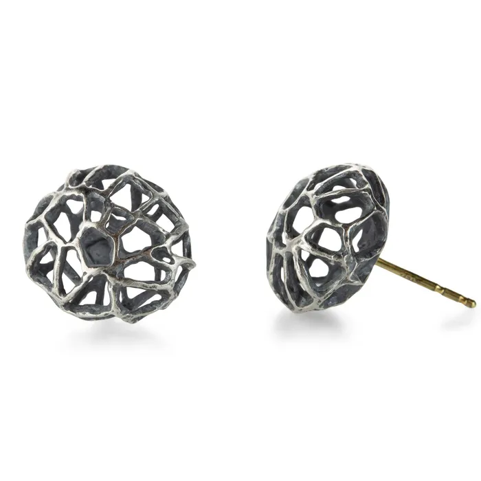 John Iversen Earrings Small Oxidized Silver Basket Stud Earrings