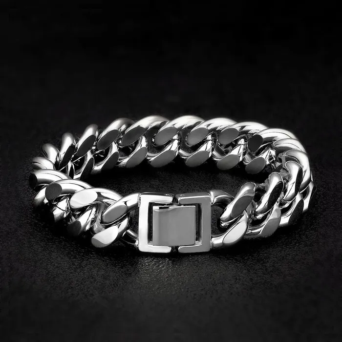 KRKC Bracelets 14mm Miami Cuban Link Bracelet White Gold Plated