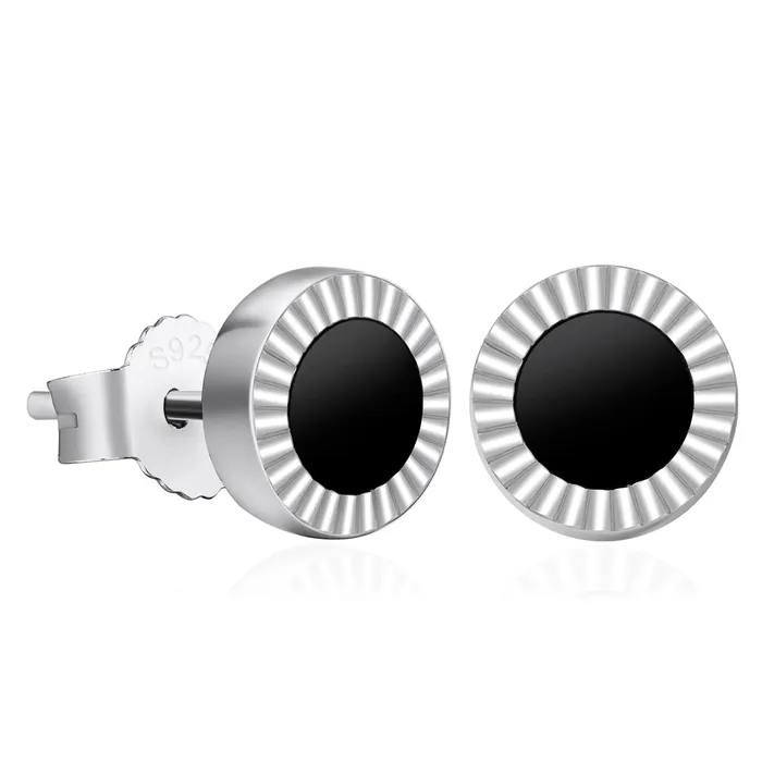 KRKC Earrings 8mm Black Diamond Agate Round Stud Earrings in 925 Sterling Silver