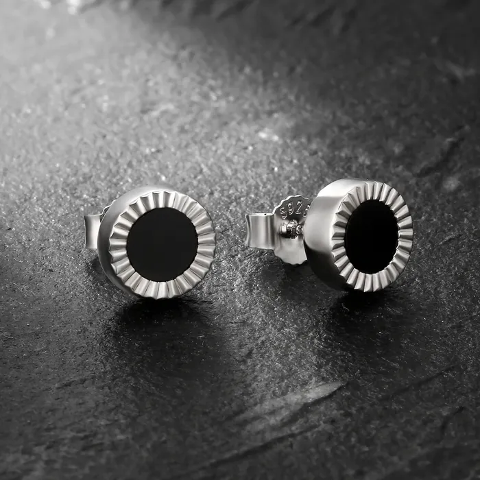 KRKC Earrings | 8mm Black Diamond Agate Round Stud Earrings in 925 Sterling Silver