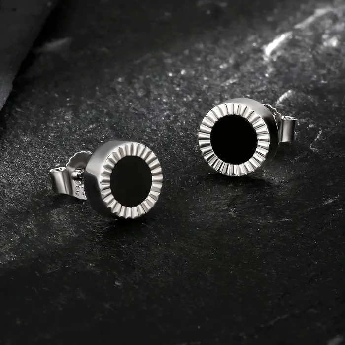 KRKC Earrings | 8mm Black Diamond Agate Round Stud Earrings in 925 Sterling Silver