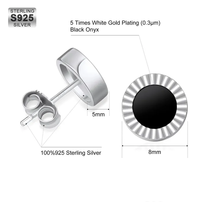 KRKC Earrings | 8mm Black Diamond Agate Round Stud Earrings in 925 Sterling Silver