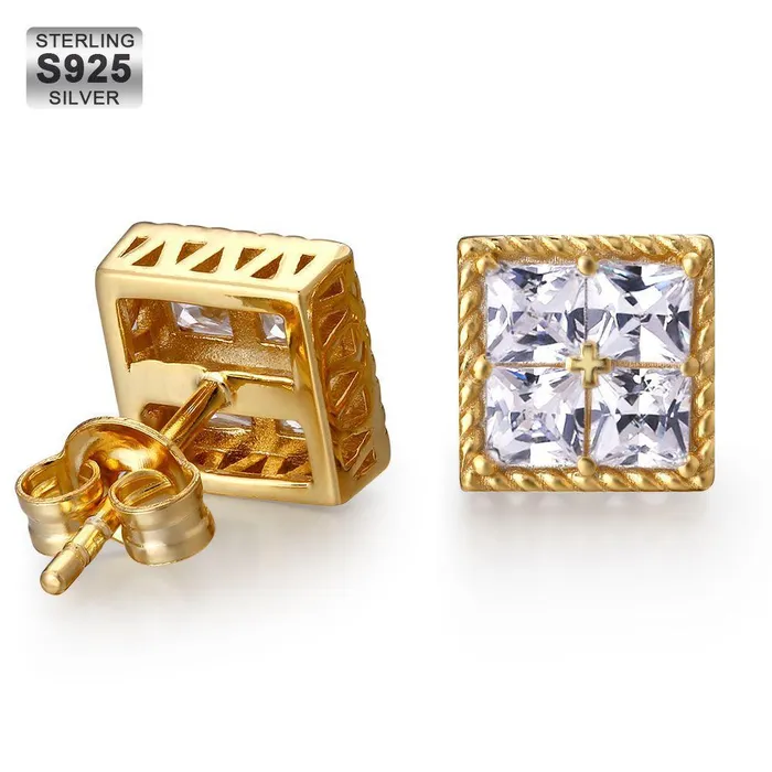 KRKC Earrings Princess Cut Diamond CZ Square Stud Mens Earrings