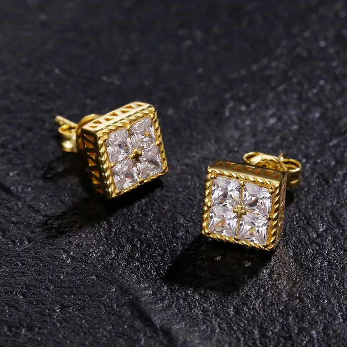 KRKC Earrings | Princess Cut Diamond CZ Square Stud Mens Earrings