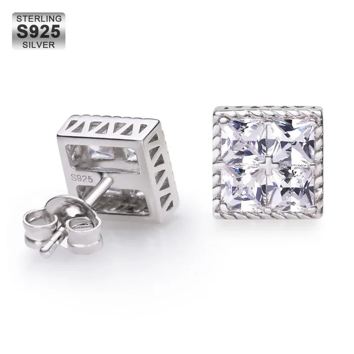 KRKC Earrings | Princess Cut Diamond CZ Square Stud Mens Earrings