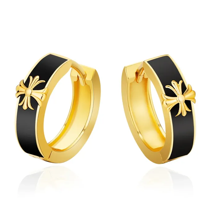 KRKC Earrings S925 Silver Black Enamel Cross Hoop Earrings in 14K Gold - 15mm