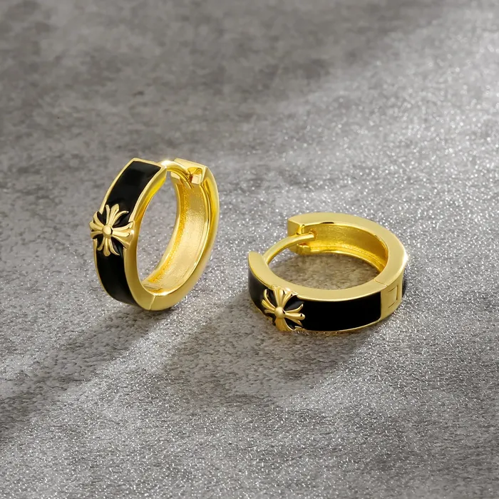 KRKC Earrings | S925 Silver Black Enamel Cross Hoop Earrings in 14K Gold - 15mm