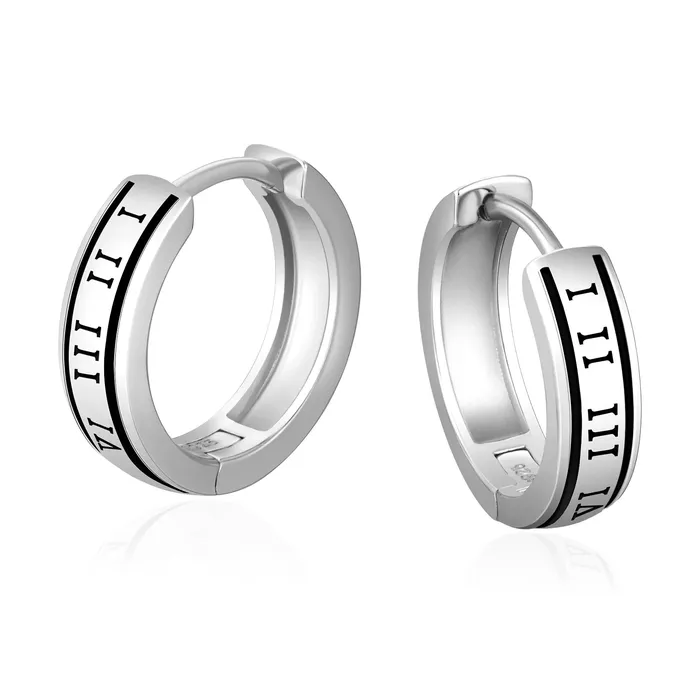 KRKC Earrings S925 Silver Black Roman Numerals Hoop Earrings in White Gold - 15mm