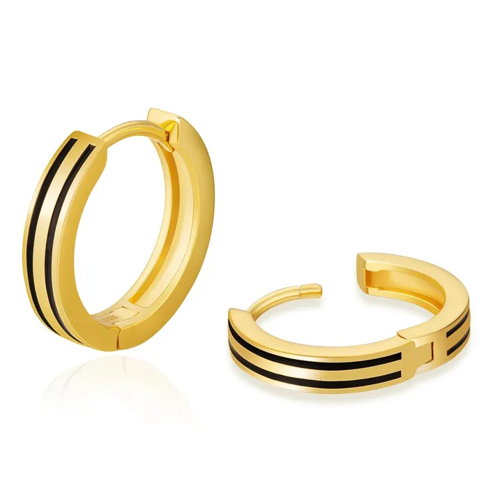 KRKC S925 Silver Black Stripe Hoop Earrings in 14K Gold - 15mm Earrings