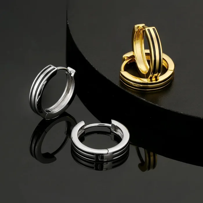 KRKC S925 Silver Black Stripe Hoop Earrings in 14K Gold - 15mm | Earrings