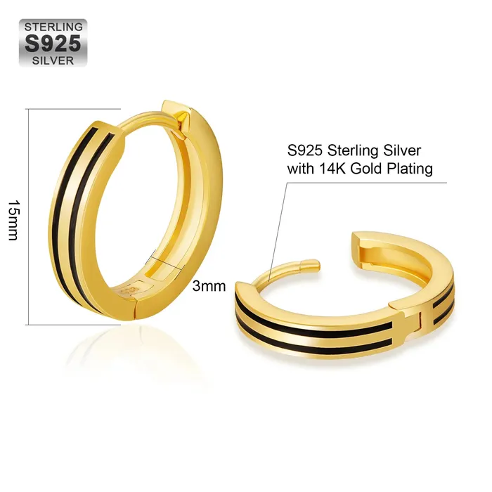 KRKC S925 Silver Black Stripe Hoop Earrings in 14K Gold - 15mm | Earrings