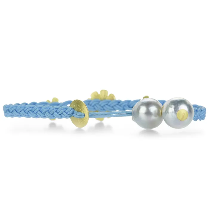 Lene Vibe Bracelets | Sky Blue Cord Bracelet with Flowers and Pearls