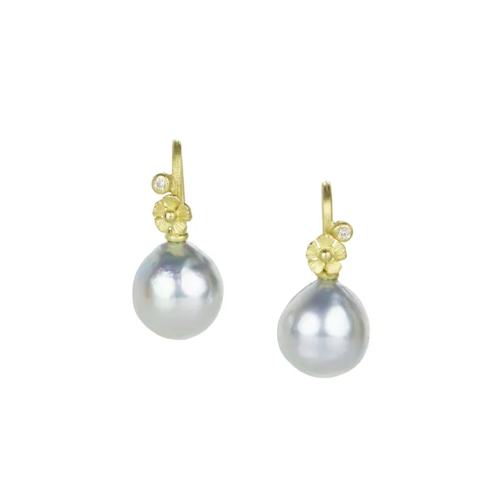 Lene Vibe Earrings Akoya Pearl and Flower Drop Earrings