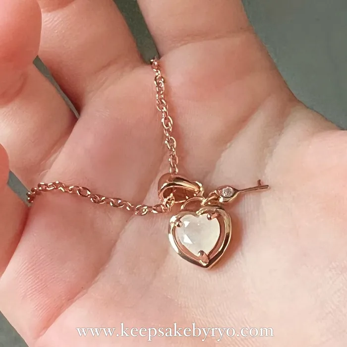 Necklaces Keepsake by Ryo 满月金 FULL MONTH GOLD 百日金 100 DAYS GOLD: GIANA LOCK AND KEY HEART PENDANT WITH HEART SHAPED INCLUSION STONE