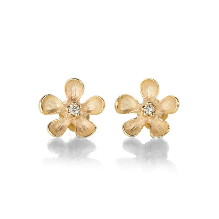 Nicole Landaw Earrings Big Flower with Diamond Center Stud Earrings