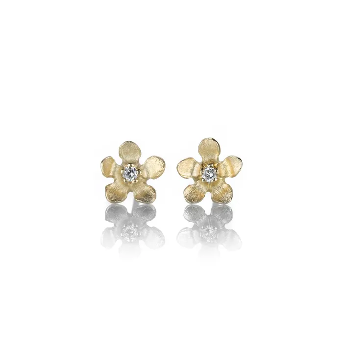 Nicole Landaw Rings 14k Gold and Diamond Open Flower Studs