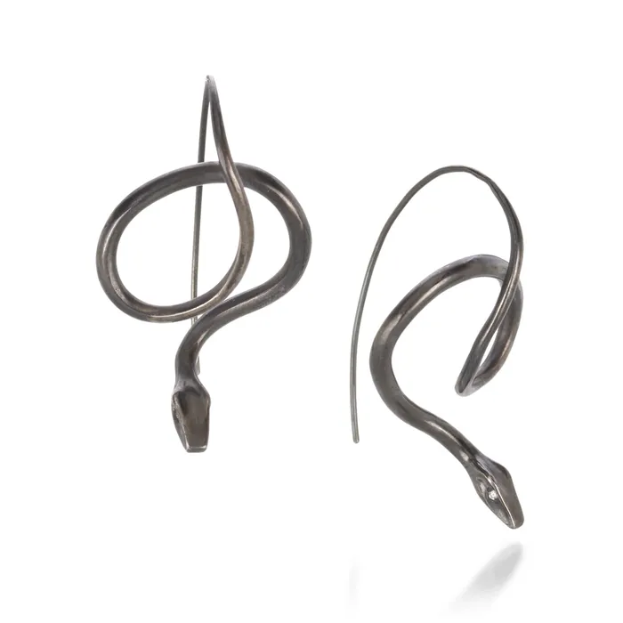 Oxidized Silver Serpent Earrings with Diamond Eyes Annette Ferdinandsen Earrings