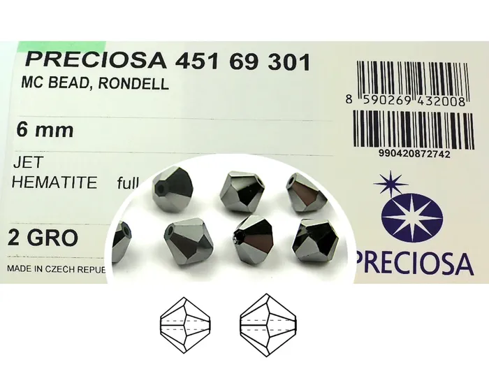 PAS Jablonec Rings | Jet Hematite Full, Czech Glass Beads, Machine Cut Bicones (MC Rondell, Diamond Shape), jet black crystals fully coated with silver hematite metallic