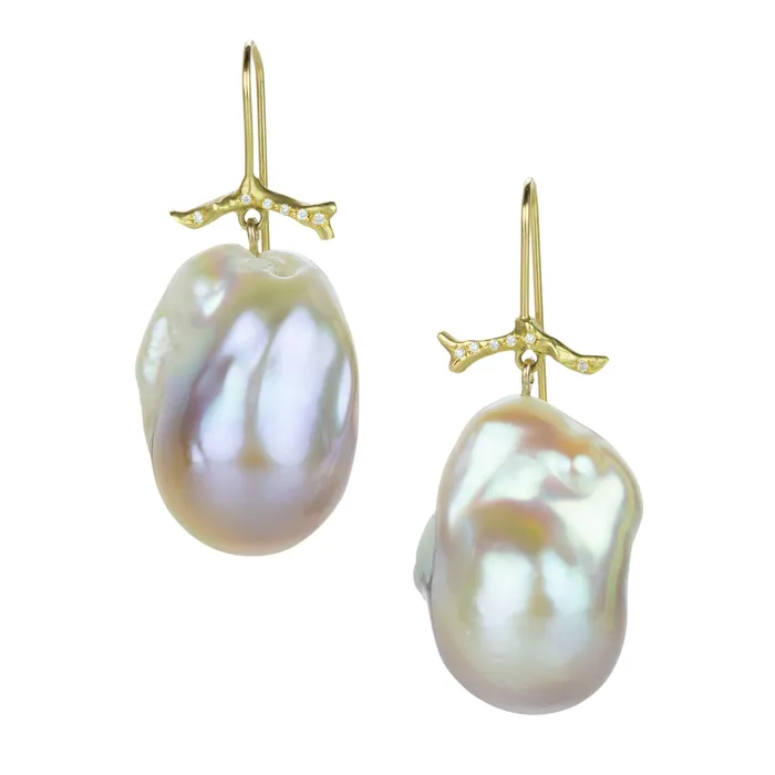 Pave Diamond Branch and Baroque Pearl Earrings Annette Ferdinandsen Earrings