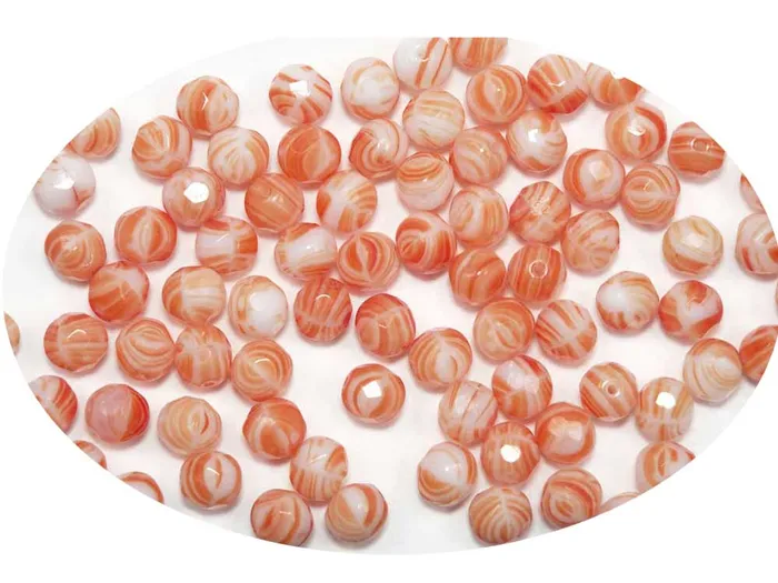 Rings Chalk White Orange Stripe 2-tone combination Czech Fire Polished Round Faceted Glass Beads 6mm 8mm - PAS Jablonec