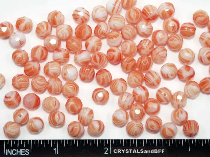 Rings | Chalk White Orange Stripe, 2-tone combination, Czech Fire Polished Round Faceted Glass Beads, 6mm, 8mm - PAS Jablonec