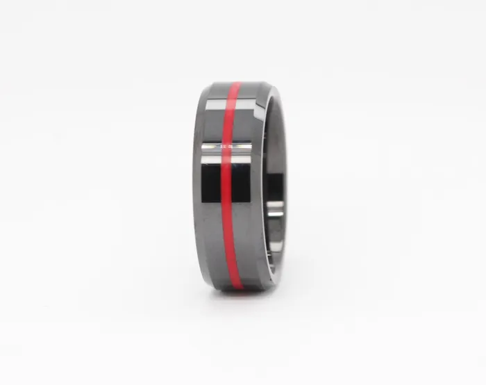 Rings HEAVY STONE RINGS 8mm Black Ceramic bevel edge thin red inlay ring