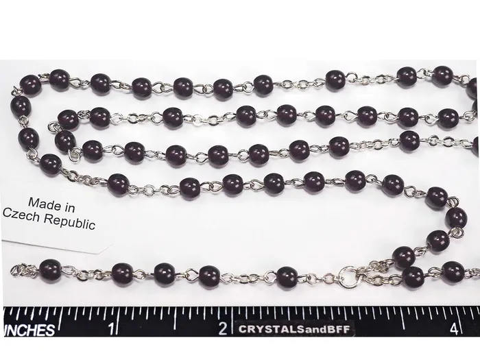 Rosary Chain, 5mm Pressed Dark Garnet Round Glass Beads, Silver Plated, Chain and Tail, P571 | PAS Jablonec Necklaces