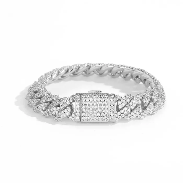 S925 Moissanite Diamond Prong Cuban Link Bracelet in White Gold - 12mm Bling Proud Bracelets